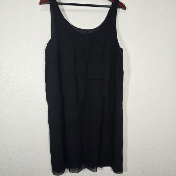 Eileen Fisher 100% Silk Dress Size L Sheer Georgette Tiered Layered Shift Black‎ - Picture 2 of 10